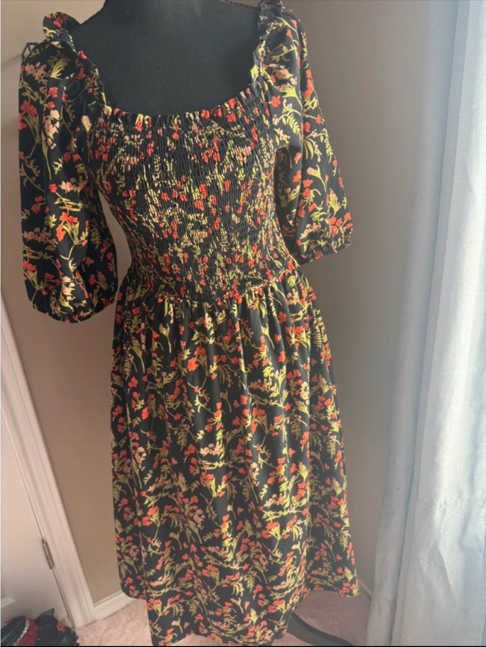 Black Floral Smocked Midi Dress - Women